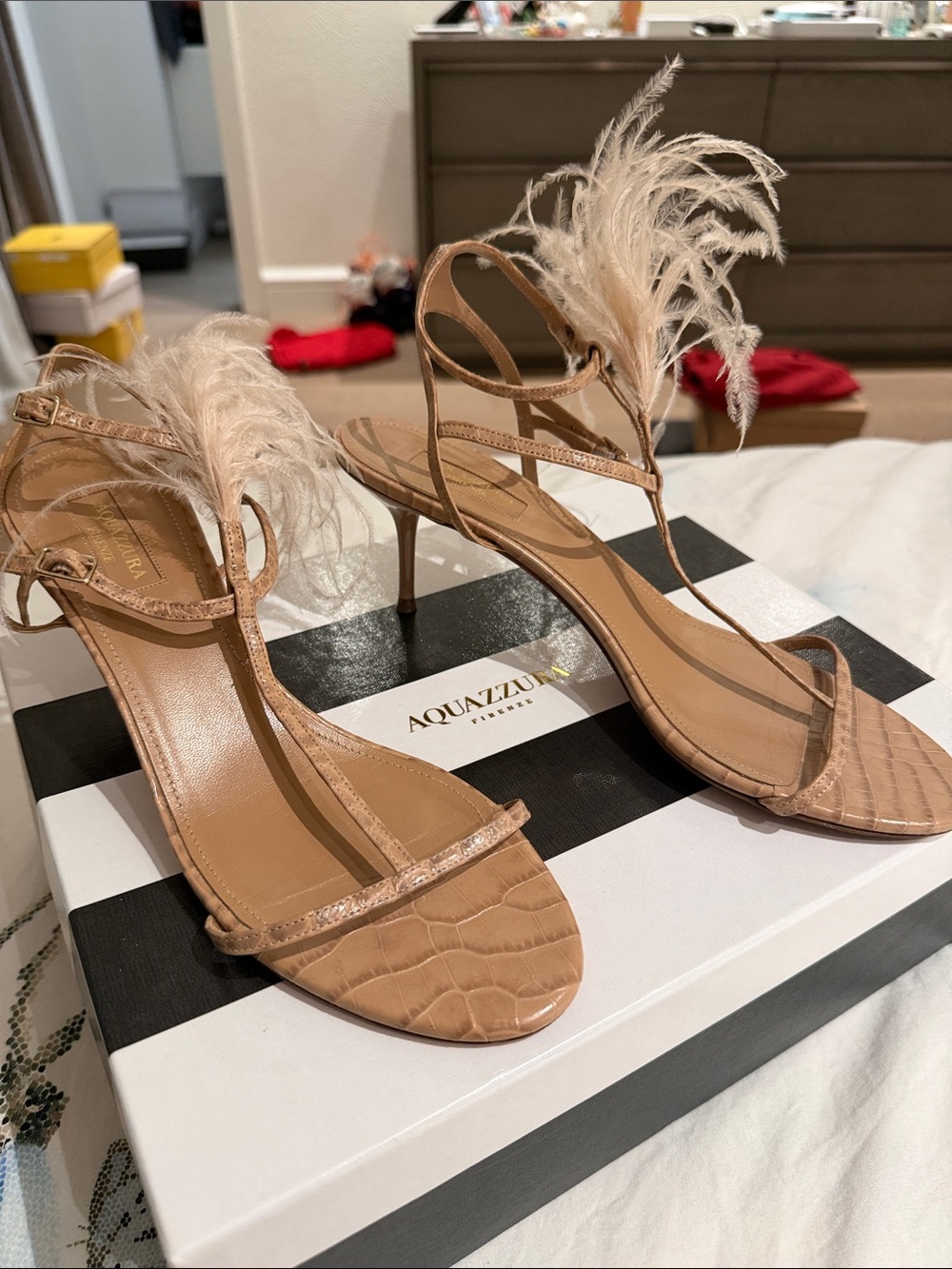 Aquazzura Beige Feather-Trim Croc-Embossed Strappy Heels sz 40